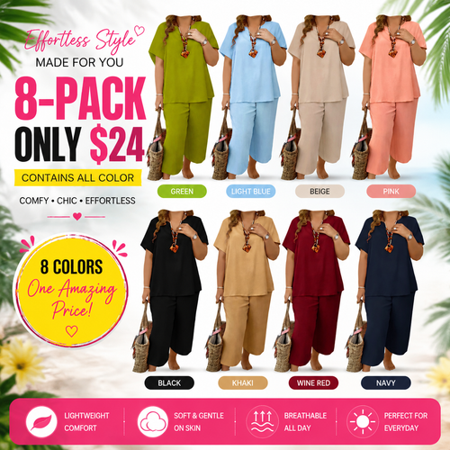 ❤️Women's Solid Short Sleeve Top & Loose Wide Leg Pants 2-Piece Set