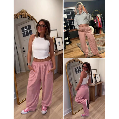 Special Sale❤️ SummerVibes Women's Baggy Wideleg Pants Casual Elastic Waisted Palazzo Harem Pants with Pockets