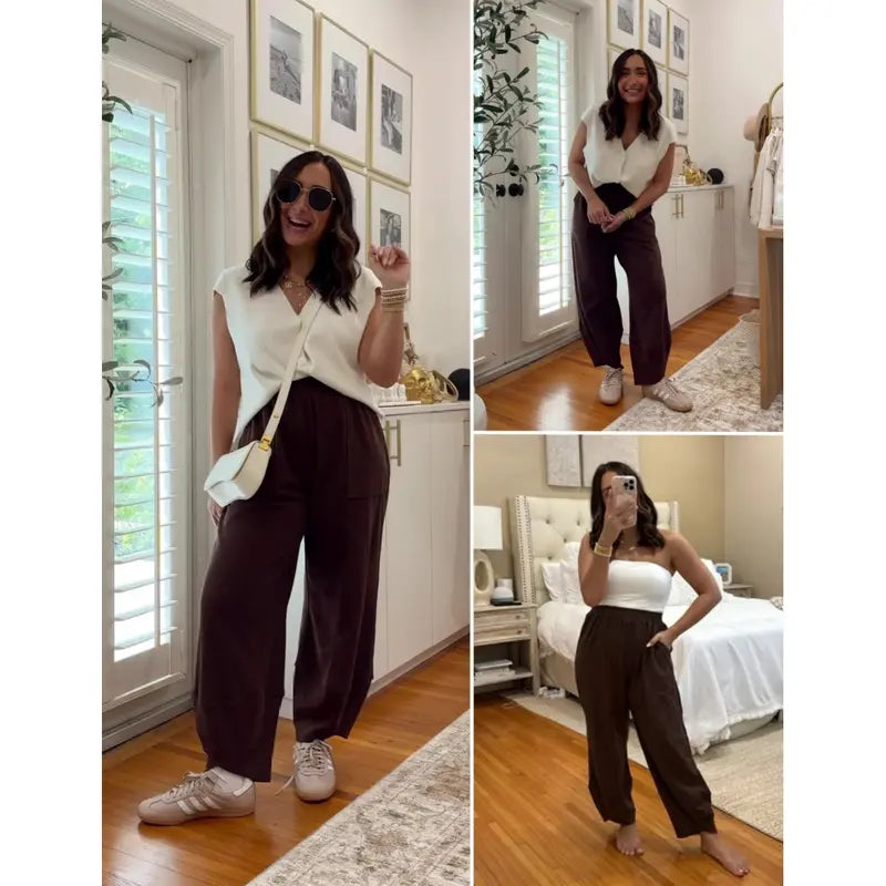 Special Sale❤️ SummerVibes Women's Baggy Wideleg Pants Casual Elastic Waisted Palazzo Harem Pants with Pockets
