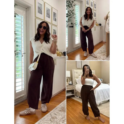 Special Sale❤️ SummerVibes Women's Baggy Wideleg Pants Casual Elastic Waisted Palazzo Harem Pants with Pockets